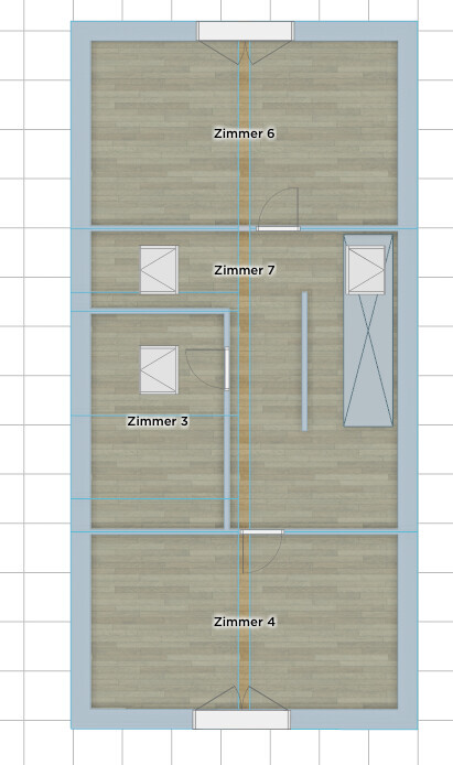 Grundriss eines Gebäudeteils mit vier Zimmern (Zimmer 6, 7, 3, 4), Türen, Wänden und Holzboden.