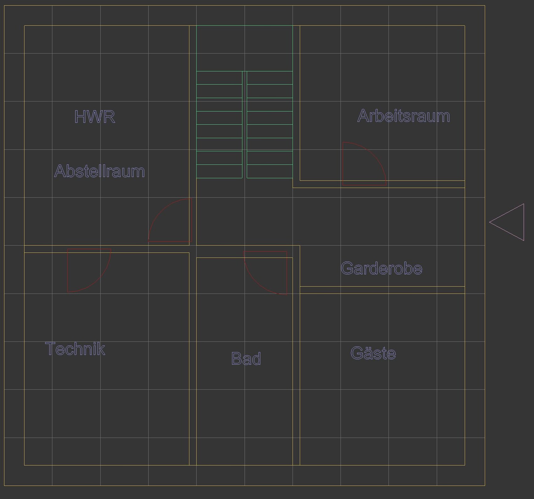 2D-Grundriss eines Hauses mit HWR, Abstellraum, Bad, Garderobe und Gäste