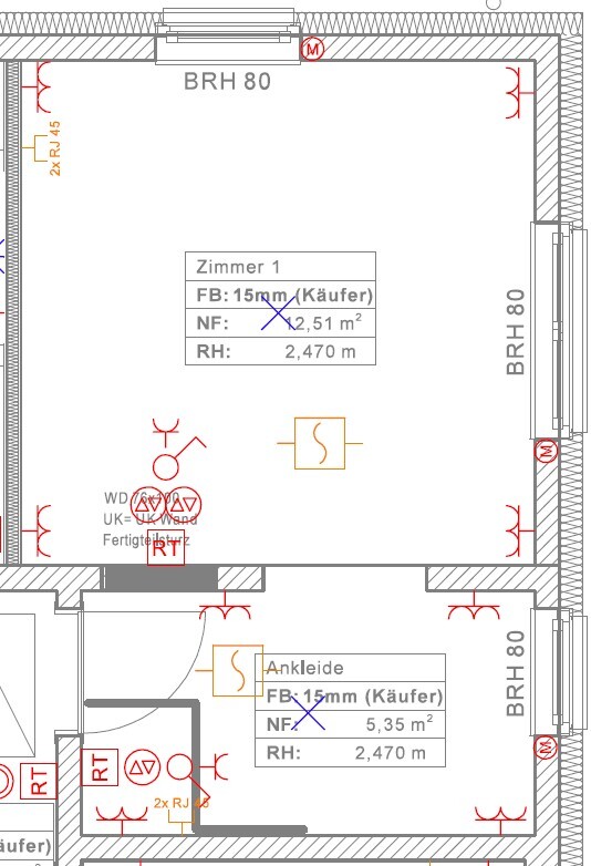 Grundriss zweier Räume: Zimmer 1 und Ankleide mit Türen, Fenstern, Maße und Symbolen.