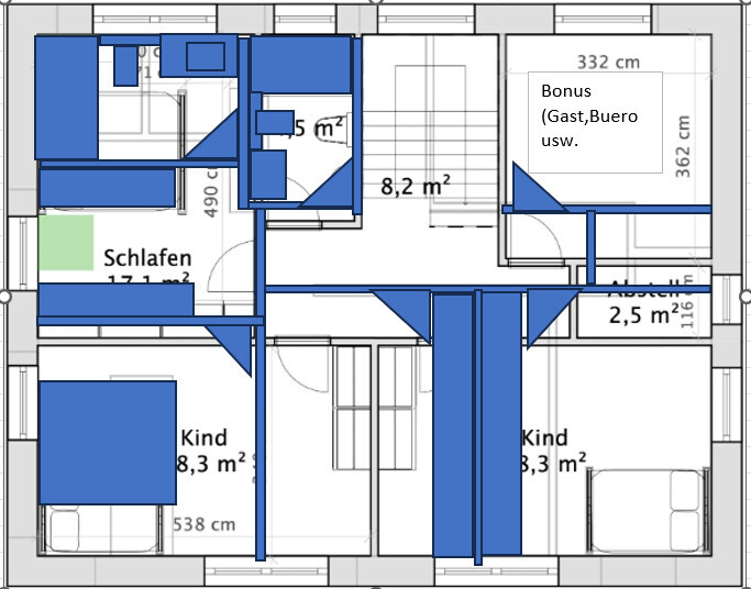 2D-Grundriss eines Hauses mit Schlafzimmer, Kinderzimmern, Fluren und Treppen