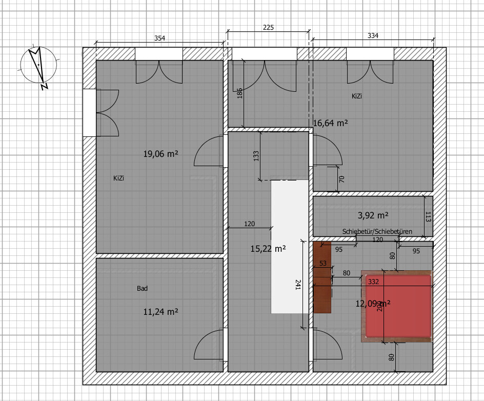 Grundriss eines Wohnungsplans: zwei KiZi, Bad, Flur, Schlafzimmer, Schiebetüren, Maße.