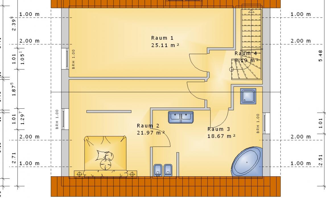 2D-Grundriss eines Hauses mit drei Räumen, Treppen und Badezimmer