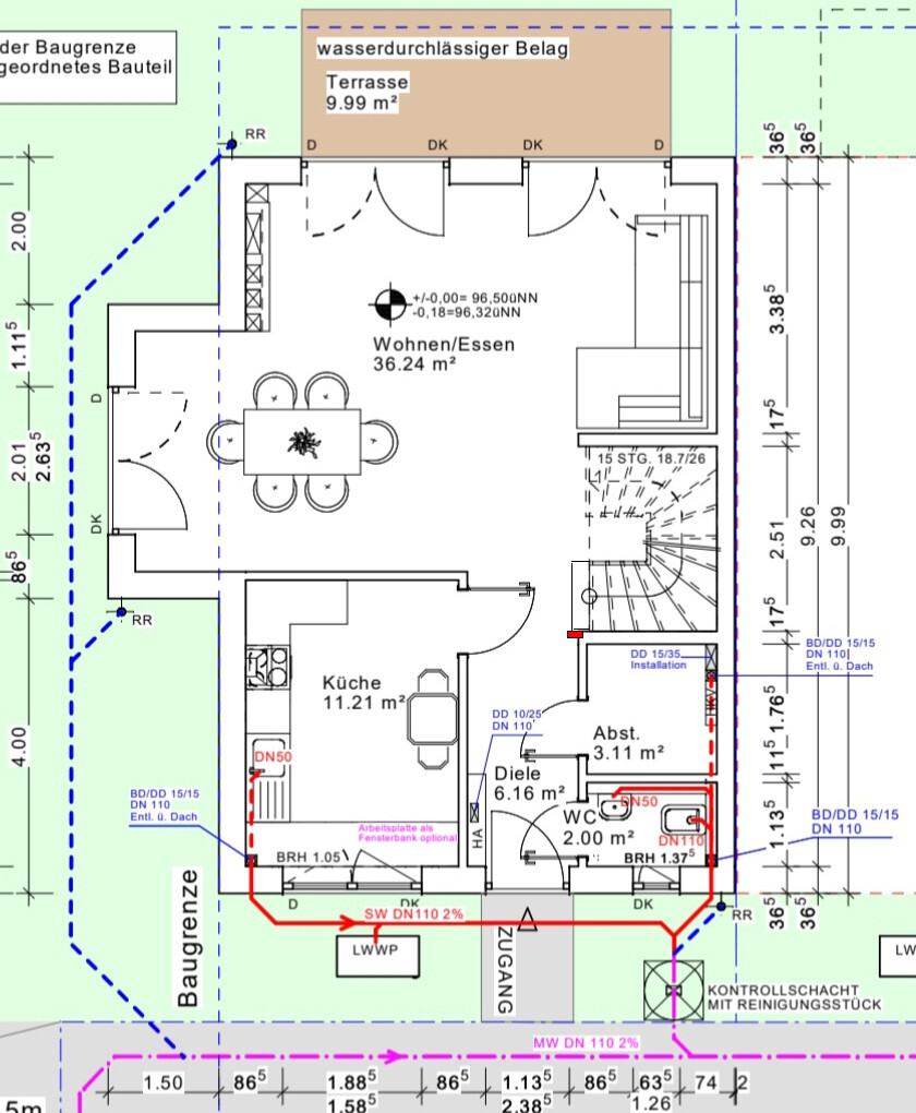 Grundriss eines Hauses mit Küche, Wohnen/Essen, Diele, WC, Abstellraum und Terrasse.