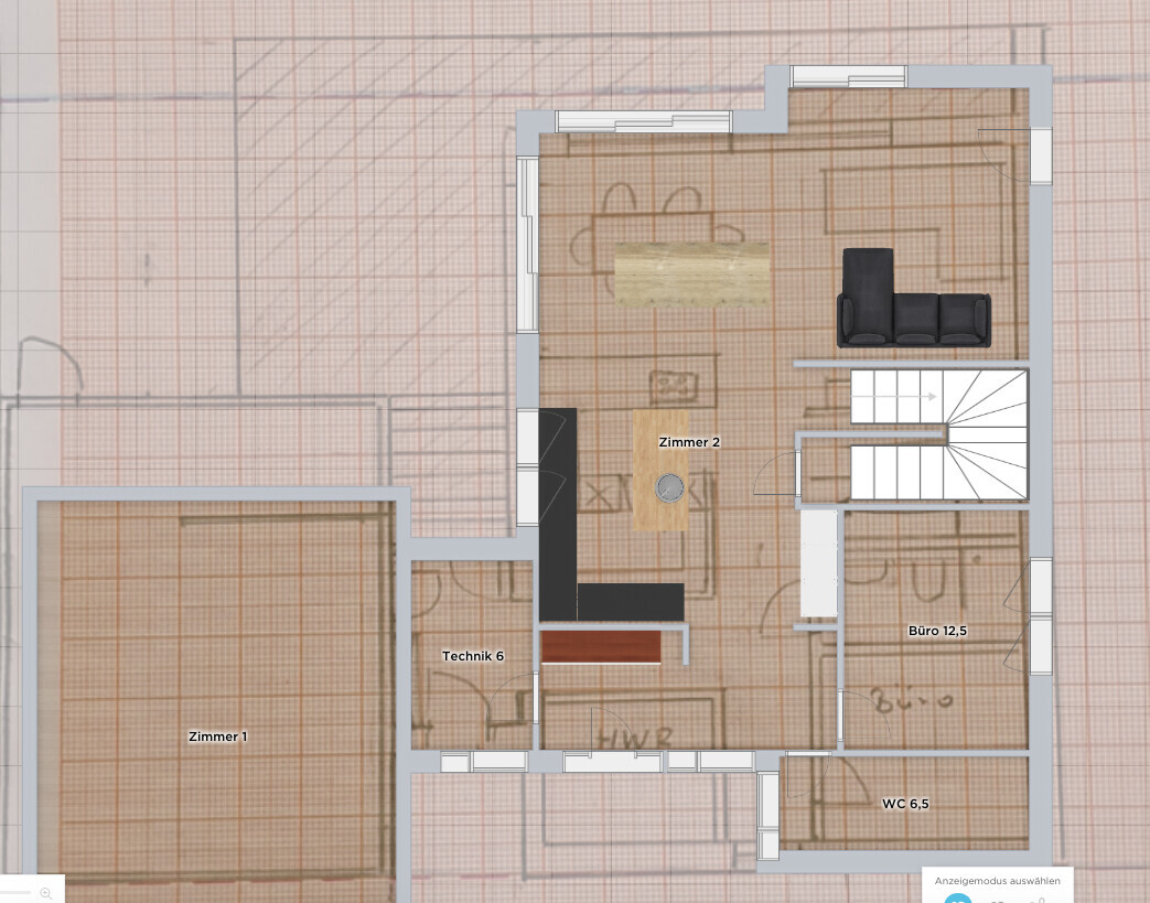 Grundriss einer Etage: Wohnzimmer mit Sofa, Büro 12,5, Zimmer 2, Zimmer 1, Technik, WC 6,5, Treppe.