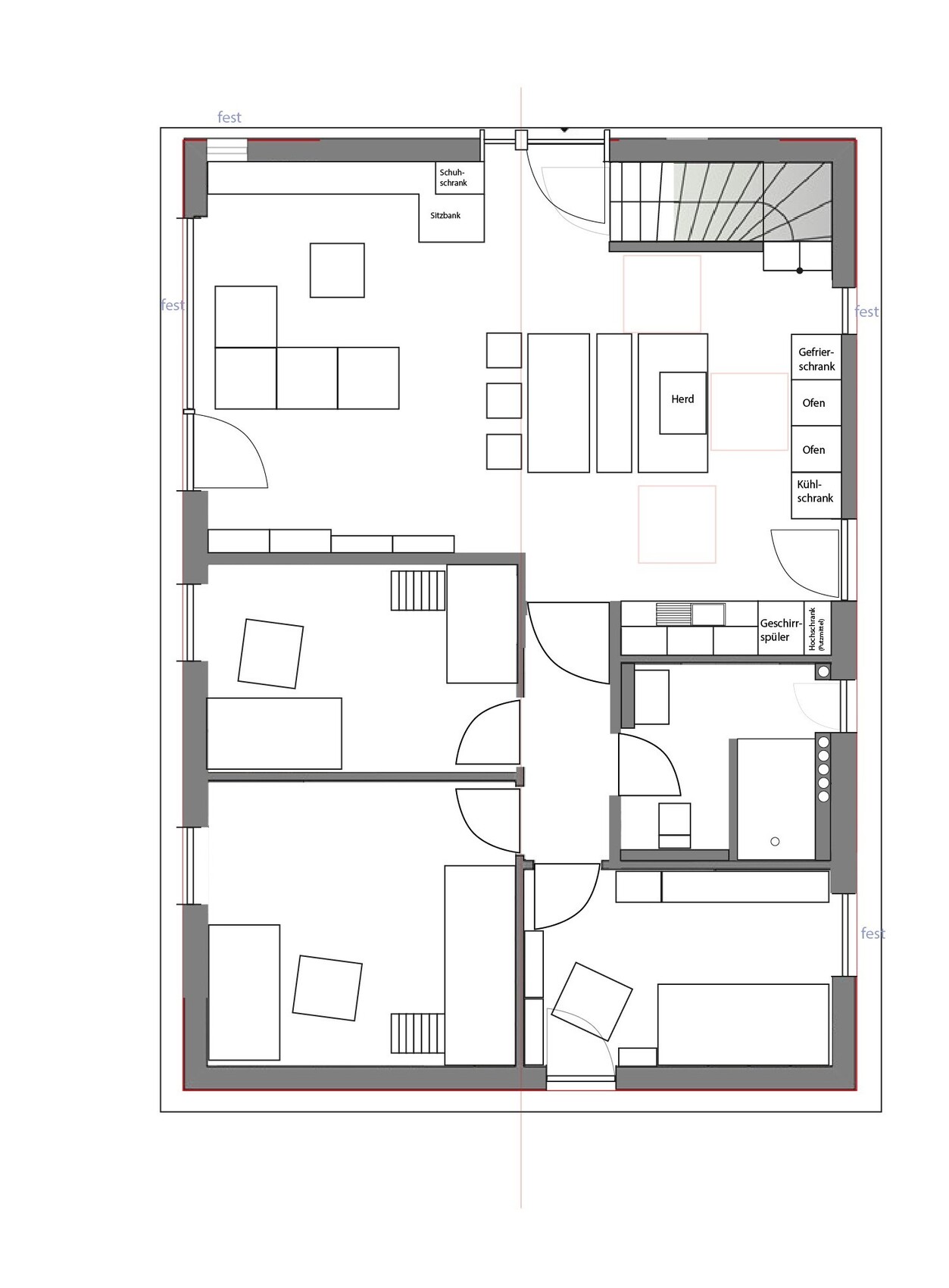 2D-Grundrissplan eines Hauses mit Treppe, Küchenbereich und Wohnbereichen