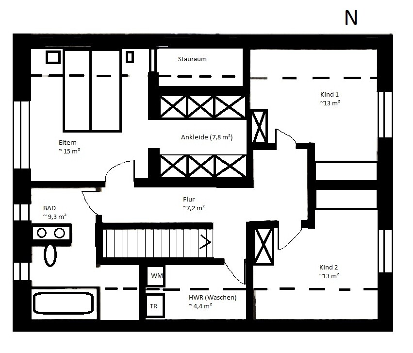 2D Grundriss eines Hauses mit Elternschlafzimmer, Kind 1, Kind 2, Flur, Bad, HWR