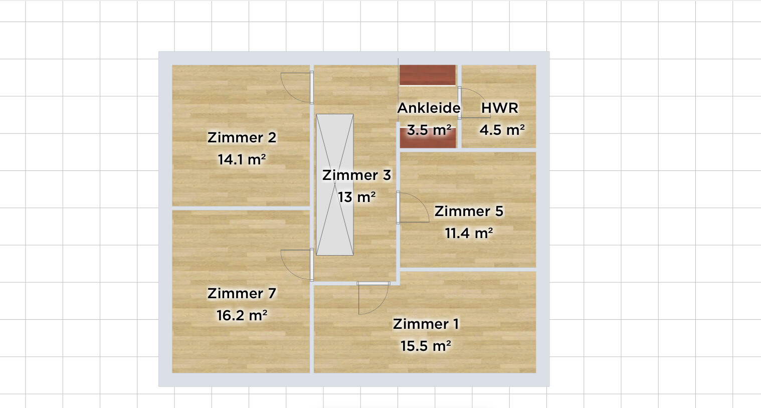Grundriss eines Hauses mit Zimmern 1,2,3,5,7, Ankleide und HWR
