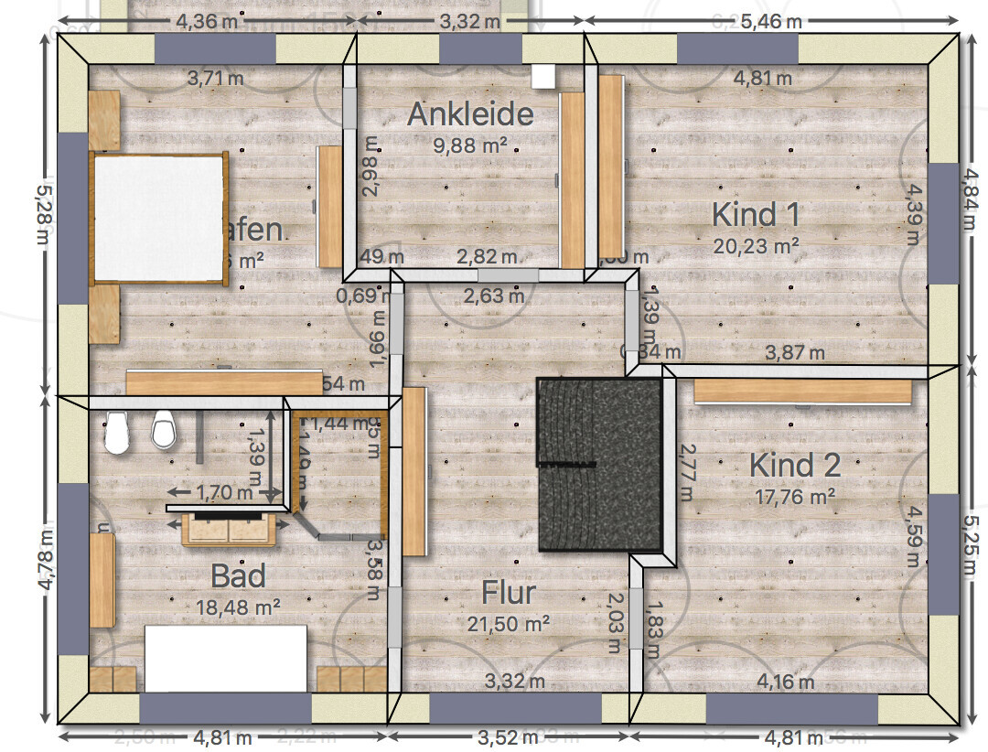 Grundriss eines Hauses: Flur in Mitte, links Bad & Schlafen, rechts Kind 1 & Kind 2, Ankleide.