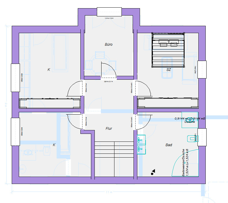 Grundriss eines Hauses: Flur verbindet Büro, Küche, Bad und Schlafzimmer; Treppe im Zentrum.