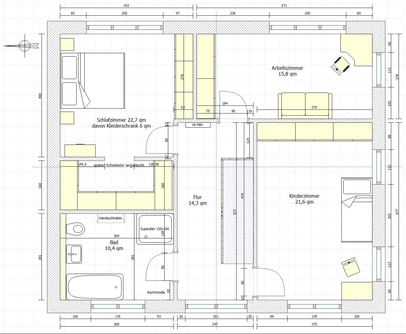 Grundriss einer Wohnung: Schlafzimmer, Arbeitszimmer, Kinderzimmer, Bad, Flur und Möbel.