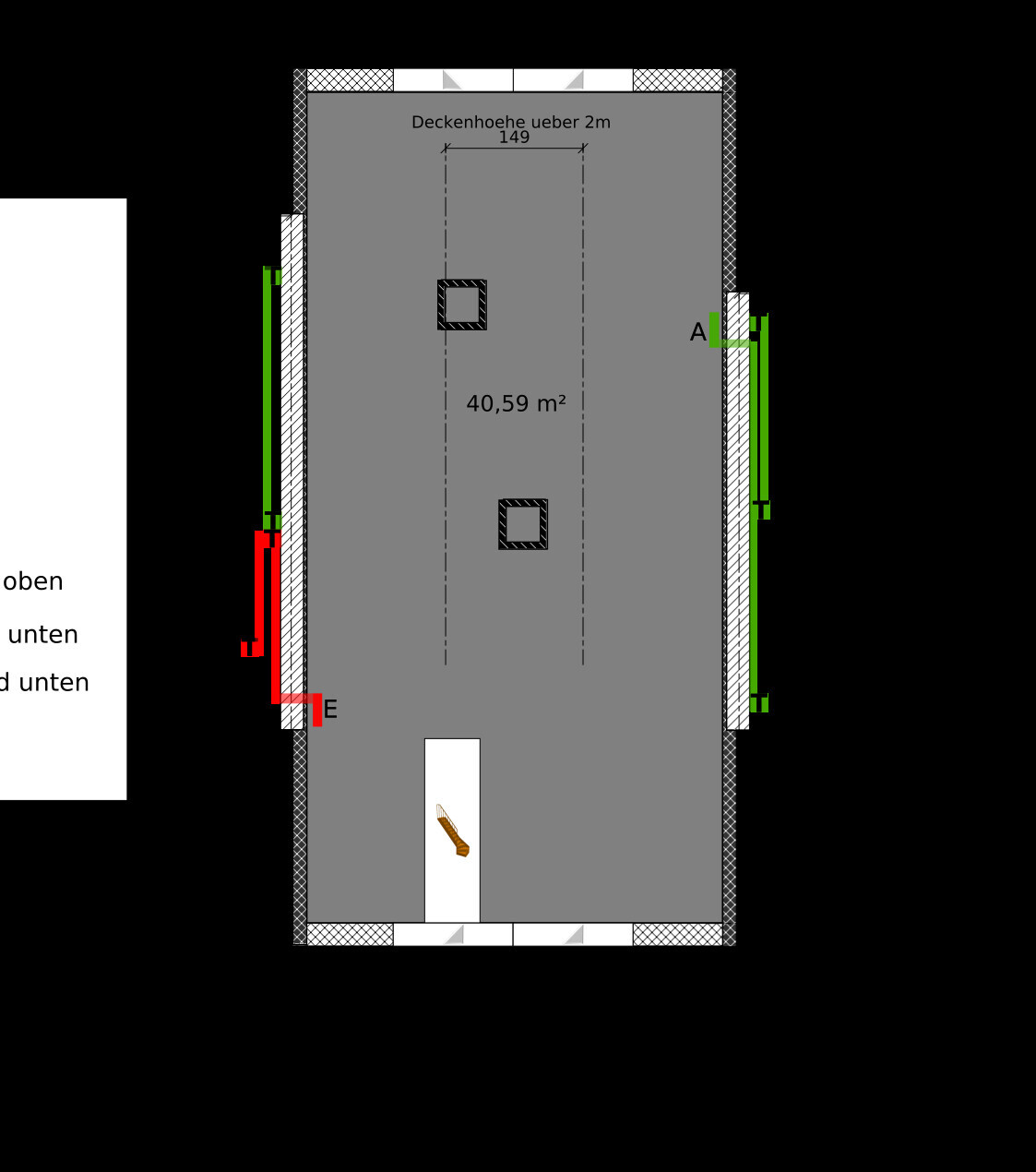 Grundriss eines Raums mit Deckenhoehe ueber 2 m und Fläche 40,59 m2 Planansicht