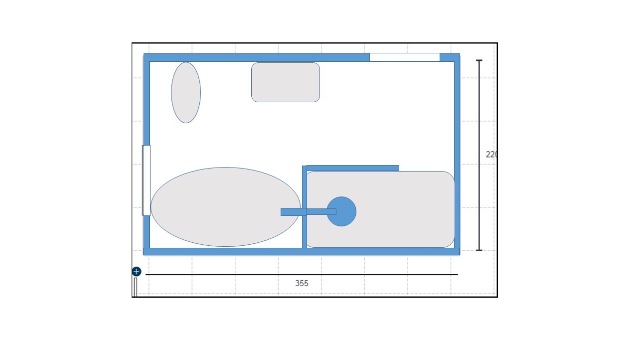 Zweidimensionaler Grundriss eines Raums mit Bett, Sofa und runder Tisch