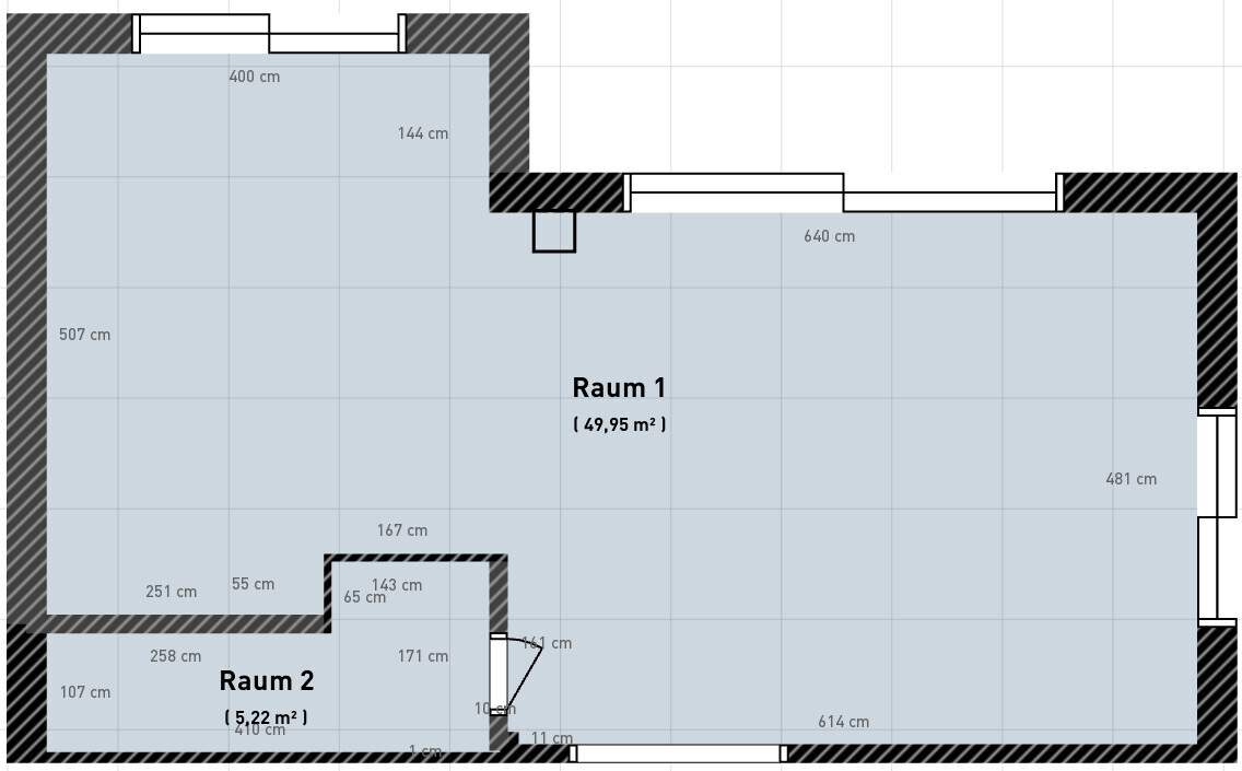 Grundriss: Raum 1 ca. 49,95 m² und Raum 2 ca. 5,22 m² mit Maßangaben in cm.
