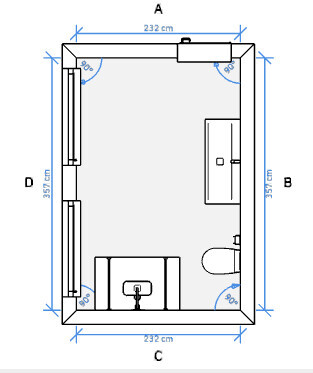 2D-Grundriss eines kleinen Raums mit Küche, Türen und Fenster, Maßangaben in cm
