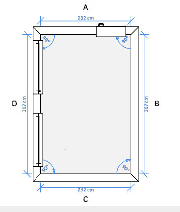 2D-Grundriss eines Raums mit Maßen A, B, C, D und Tür- und Fensterpositionen.