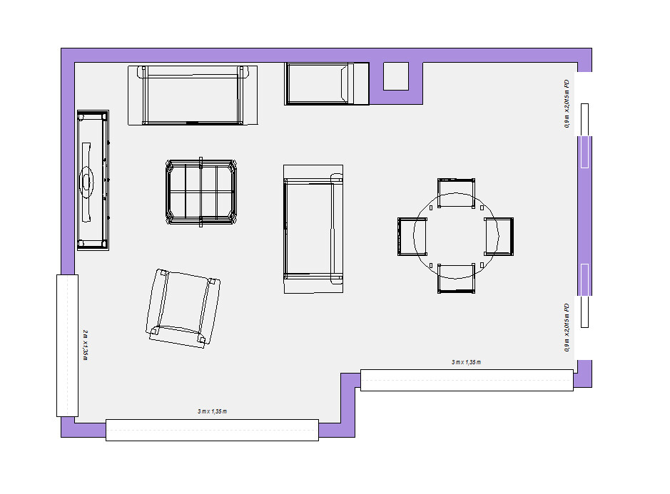 Top-Down Grundriss eines Wohnzimmers mit Sofa, Sessel, Couchtisch und Esstisch.
