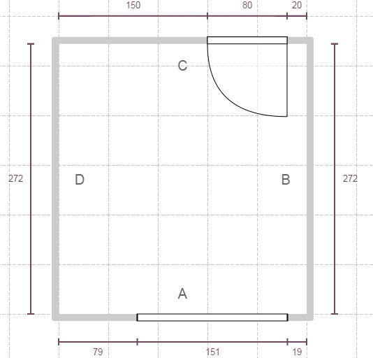 Grundriss eines rechteckigen Raums mit Türöffnung und Beschriftungen A, B, C, D