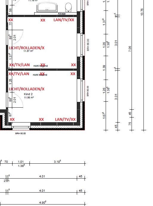 2D-Grundriss eines Hauses mit Innenaufteilung, Wänden, Türen und Maßen