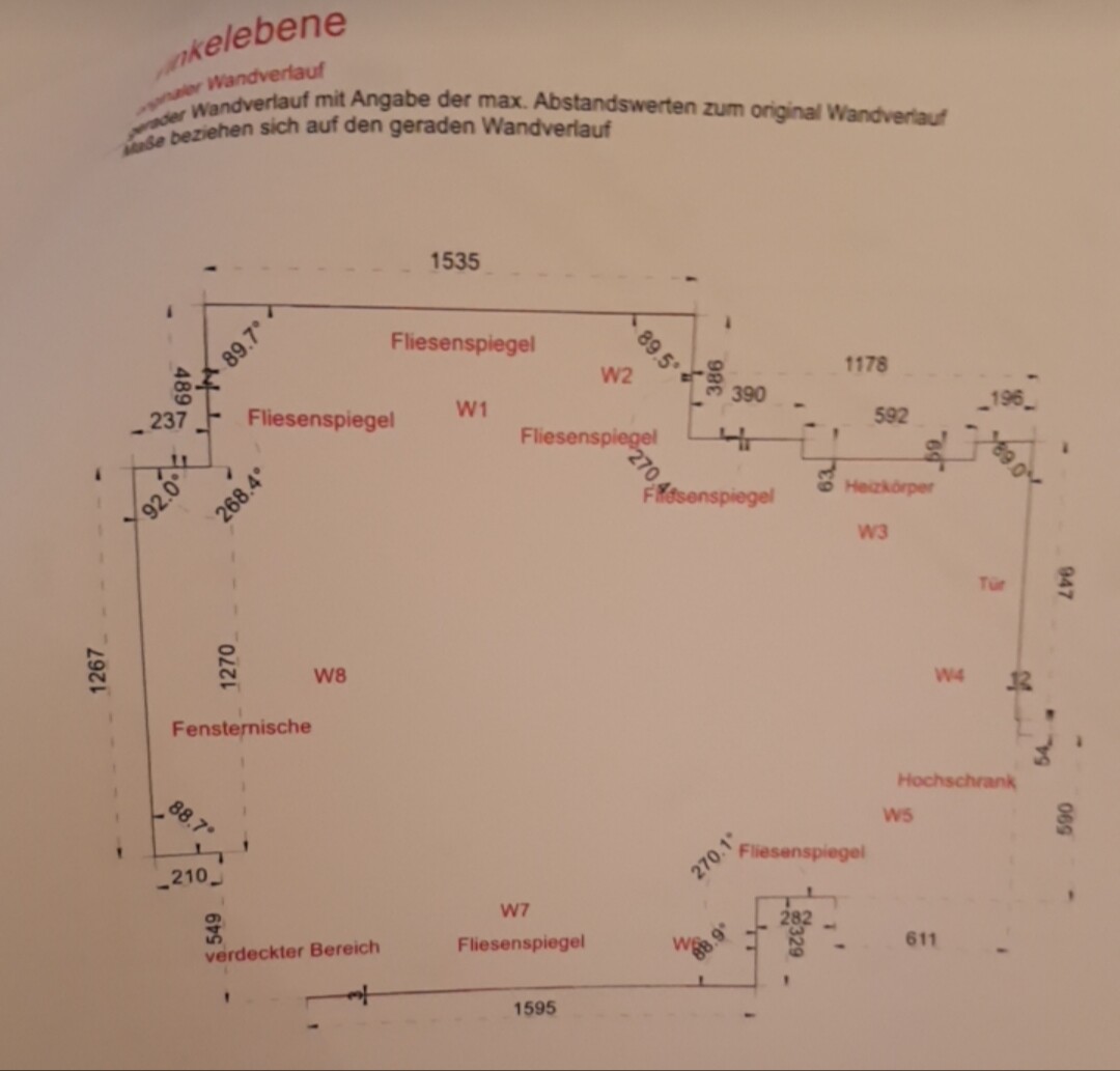 Grundriss eines Raums mit Fliesenspiegel, Fensternische, Heizkörper und Tür.