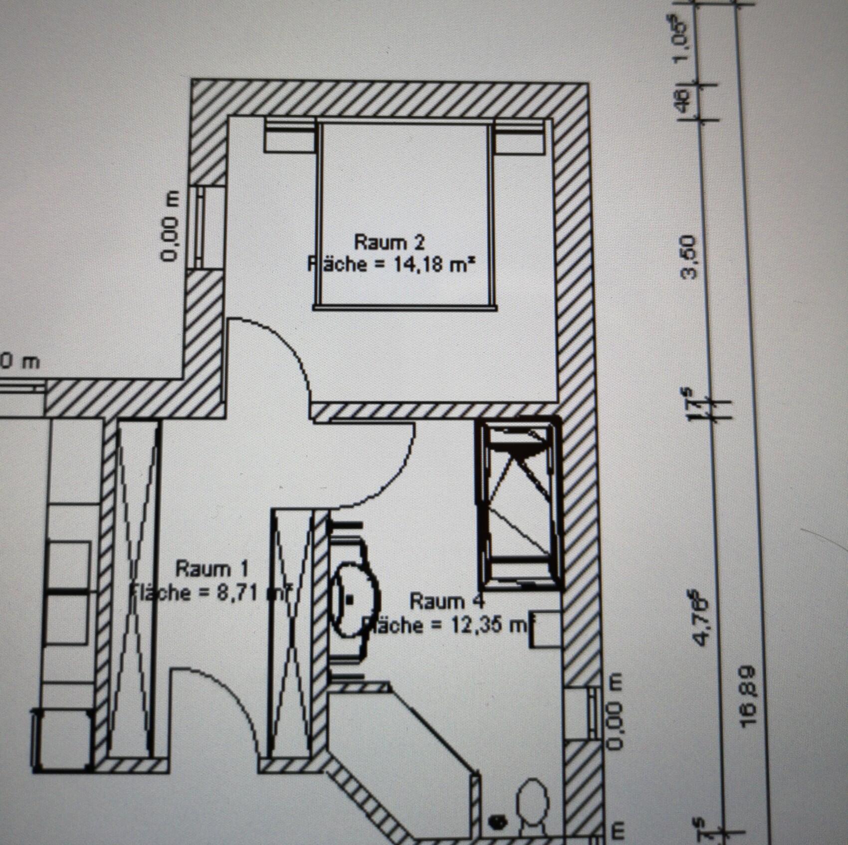 Grundriss: Räume 1, 2 und 4 mit Flächenangaben (8,71; 14,18; 12,35 m²).