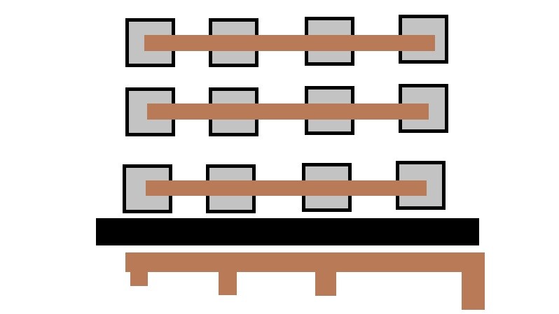 2D-Grundriss mit vier nebeneinanderliegenden Räumen pro Reihe und Verbindungsstrecken