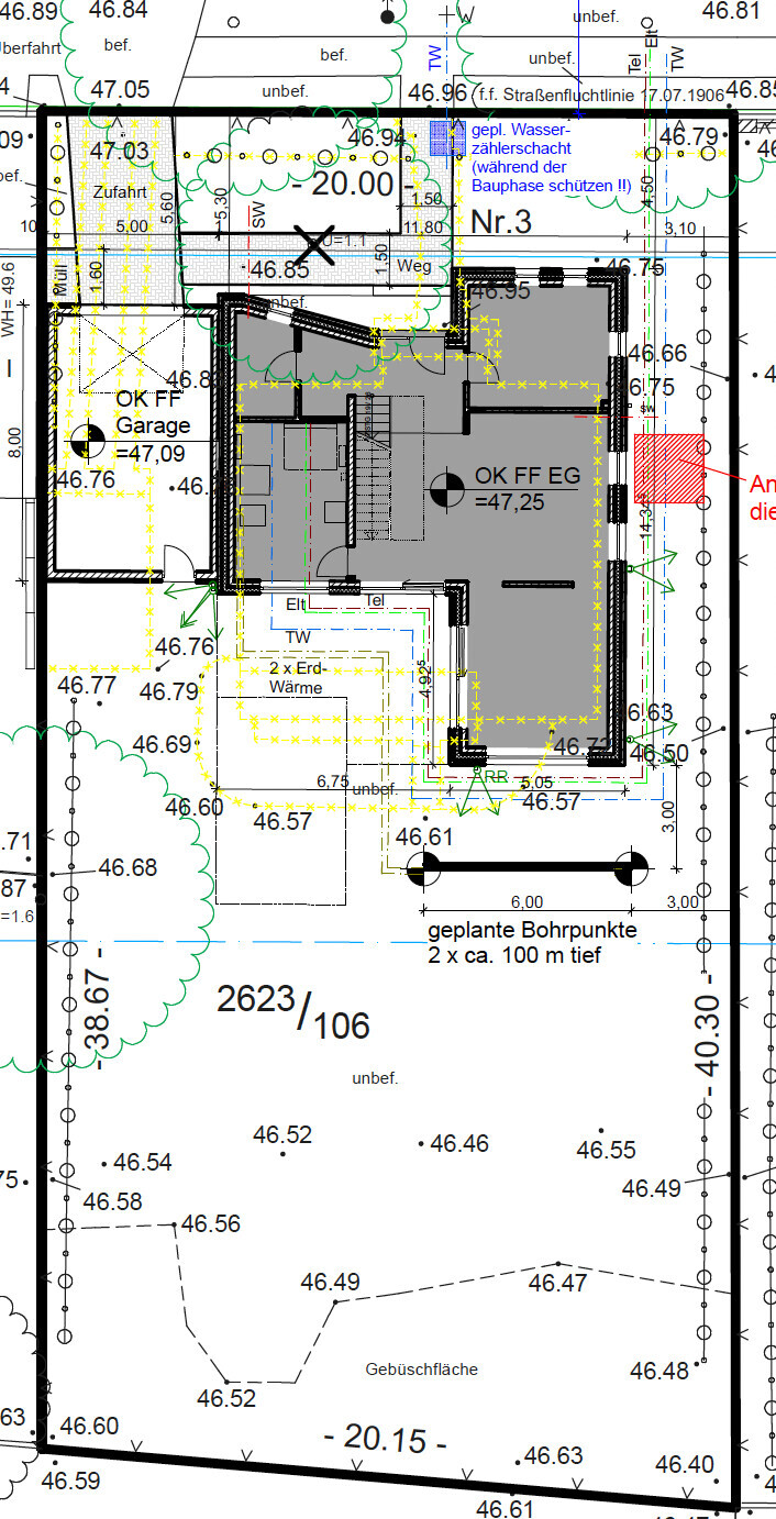2D-Grundrissplan eines Hauses mit Rohbau und Fundamenten, Bauplanung
