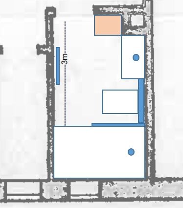 Top-down 2D Grundriss eines Schlafzimmers mit Bett und Möbeln.