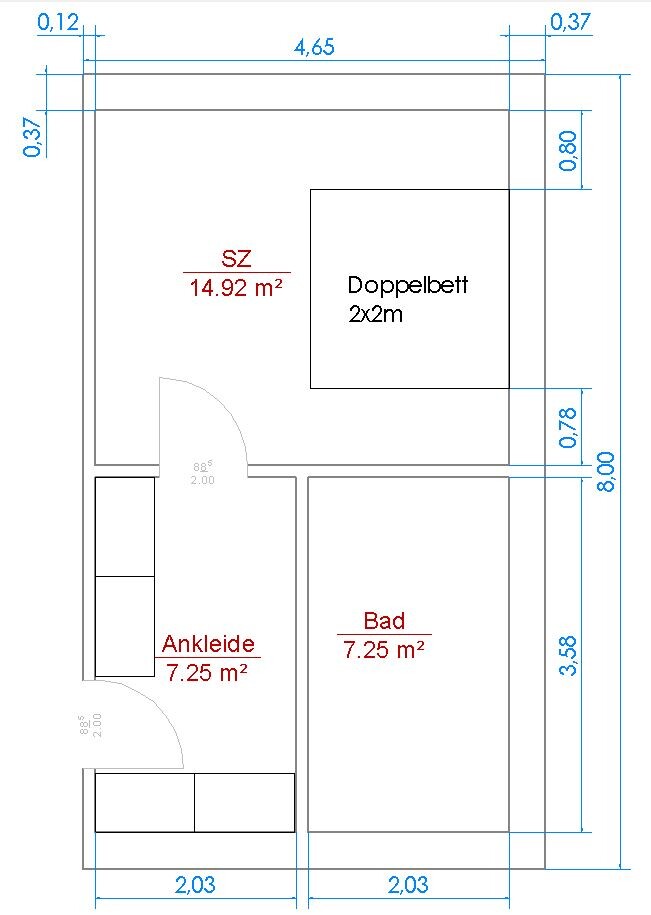 Grundriss eines Schlafzimmers mit Doppelbett, Ankleide und Bad