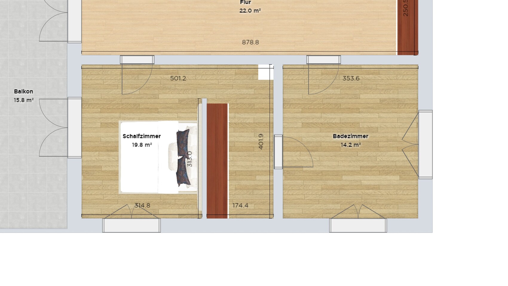 2D Grundrissplan: Schlafzimmer, Bad und Balkon mit Holzboden