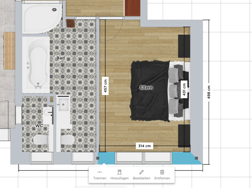 Grundriss: Eltern-Schlafzimmer mit Doppelbett; Bad mit Badewanne; getrenntes WC.