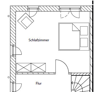 2D-Grundriss eines Schlafzimmers mit Bett und Flur