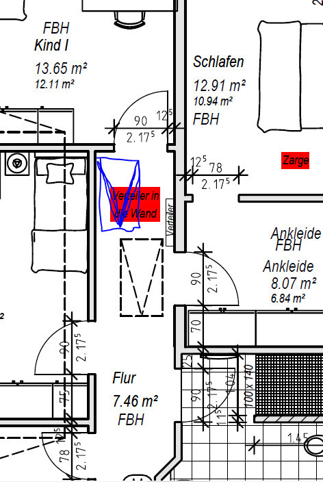 Grundriss eines Wohnungsplans mit Flur, Schlafzimmer, Ankleide und Kindzimmer