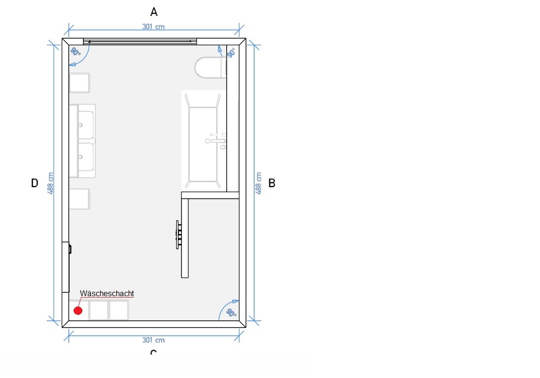 2D Grundriss eines Schlafzimmers mit Bett, Möbeln und Wäschenschacht