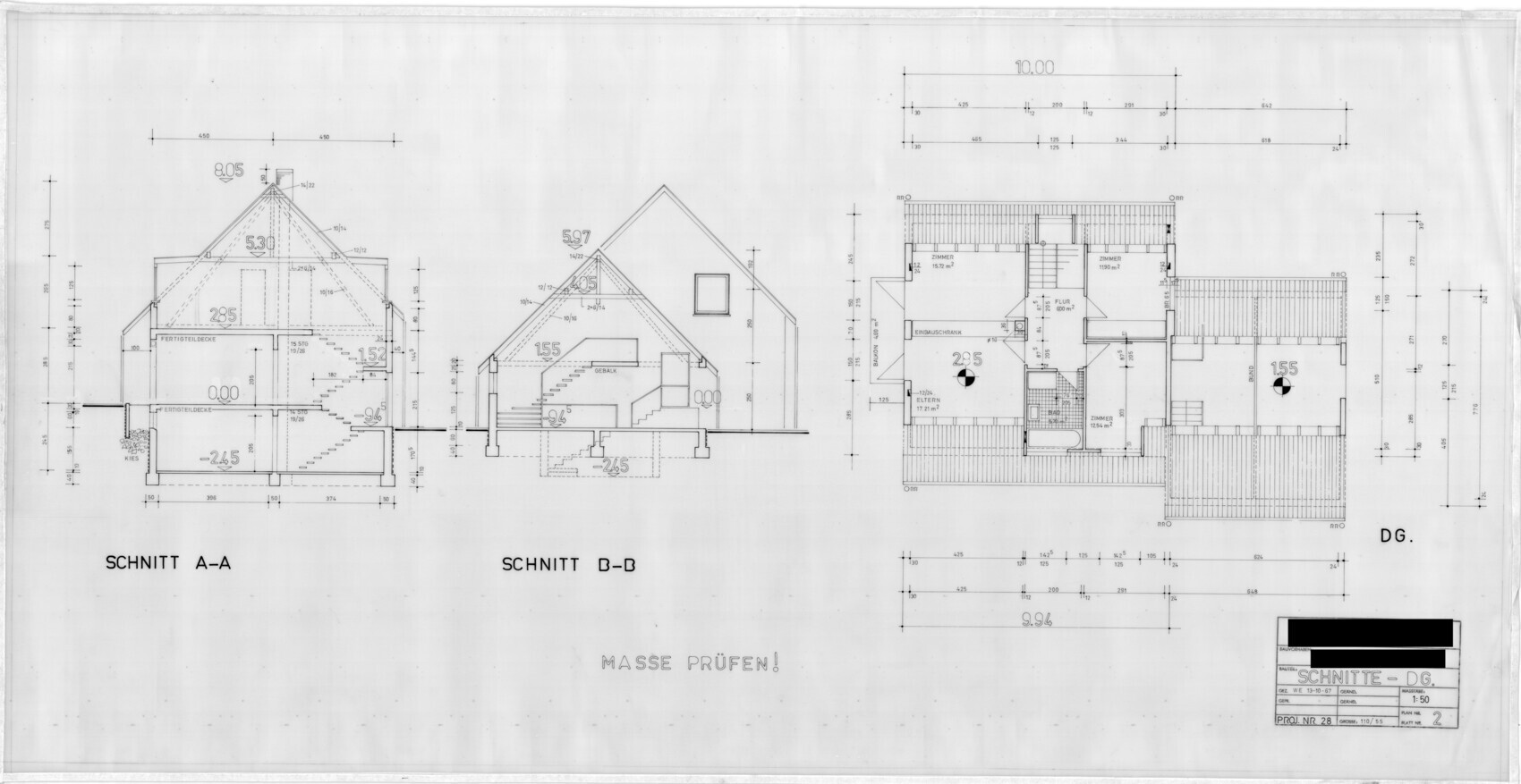 Architekturplan eines Hauses mit Schnitte A-A und B-B sowie DG-Grundriss.
