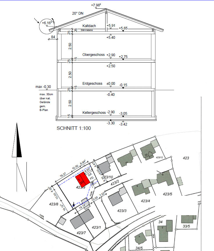 Architekten-Schnitt durch ein Haus mit Grundriss und umgebendem Lageplan