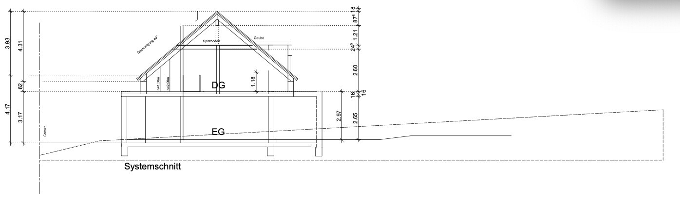 Architektur-Querschnitt eines Hauses: Erdgeschoss (EG) und Dachgeschoss (DG) mit Dachgiebel.