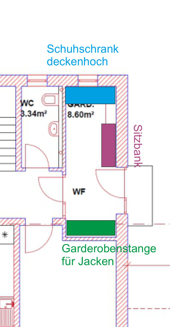 Grundriss: Flur mit deckenhohem Schuhschrank, Garderobenstange und Sitzbank.