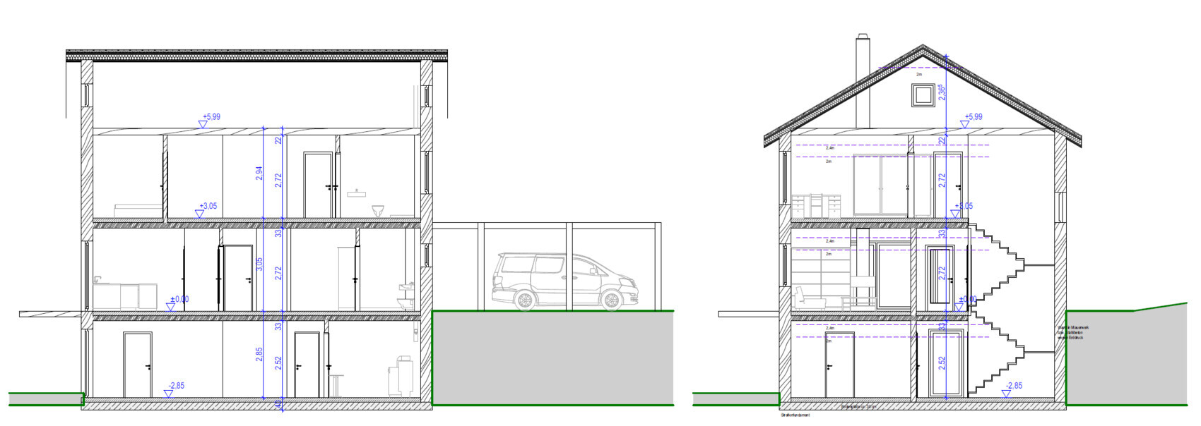 Schnitt- und Grundrisszeichnung eines Hauses mit Garage und Treppen