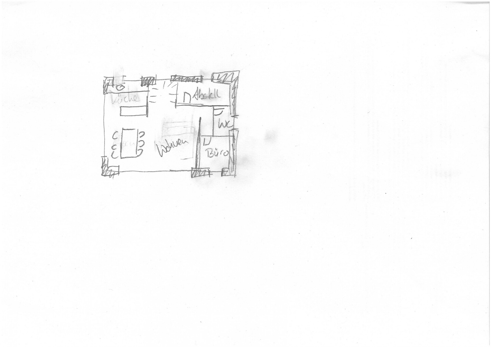 Handgezeichnete Grundriss-Skizze eines Hauses mit Küche, Wohnzimmer und Büro.