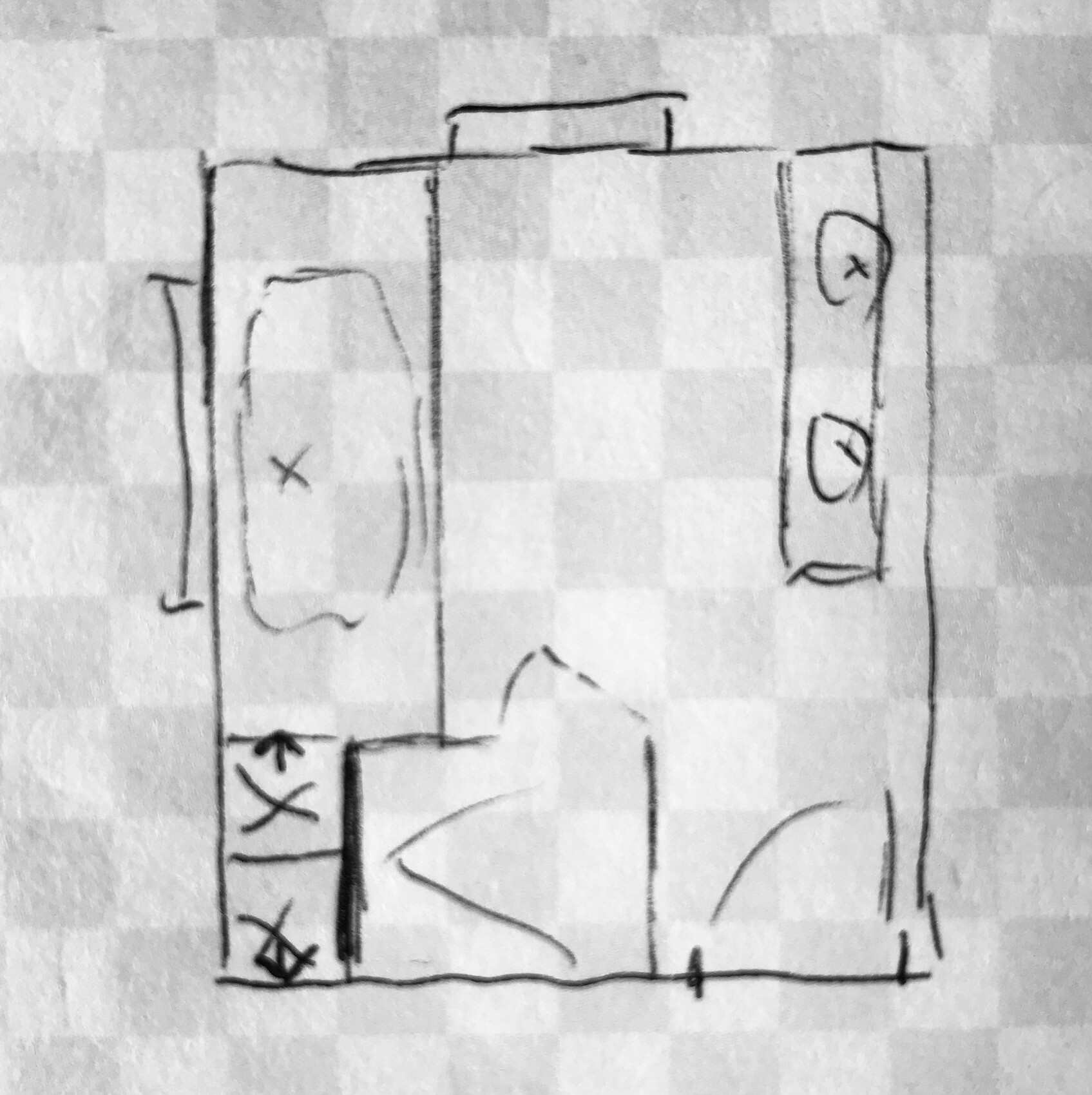 Handgezeichneter Zimmer-Grundriss: links Bett, rechts langes Möbelstück mit Kreisen, Mitte frei.