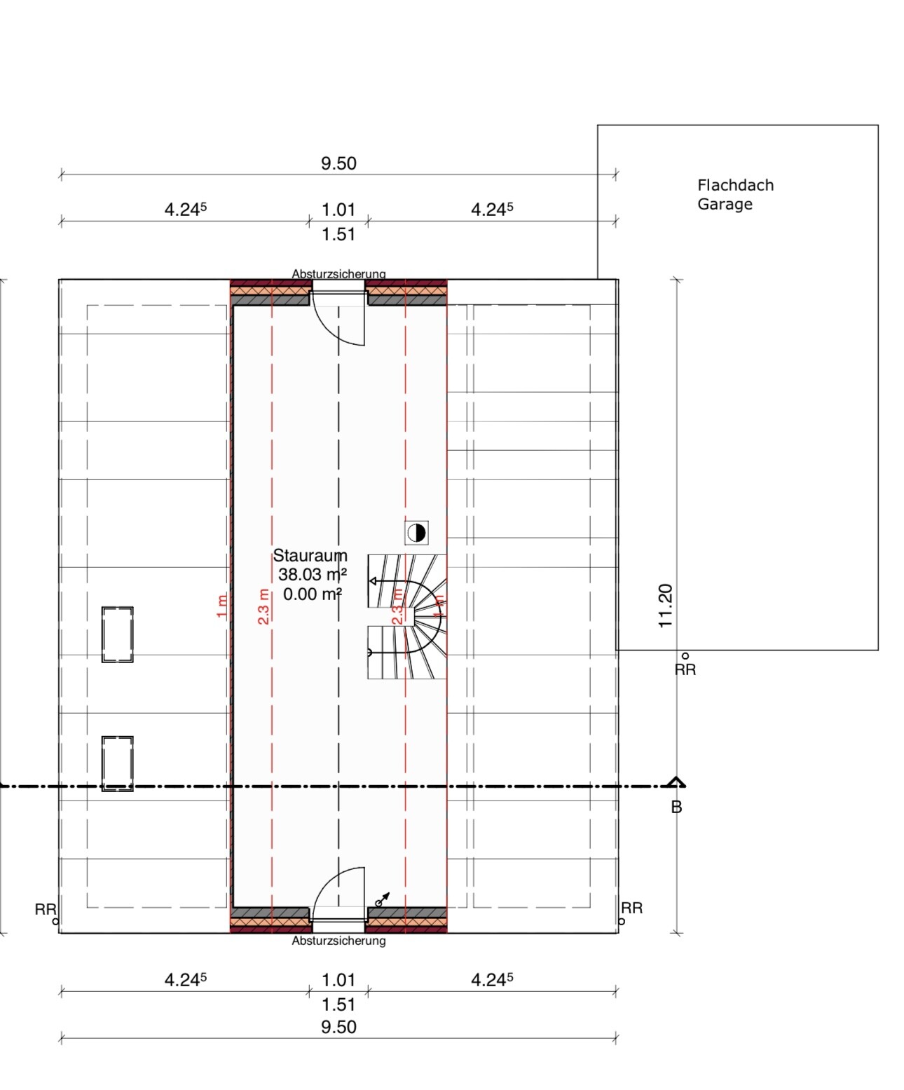 Grundriss eines Staurums mit Treppenaufgang, Absperrsicherungen und angrenzender Flachdach-Garage.