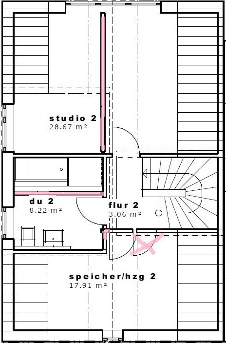 Grundriss eines Stockwerks: Studio 2, du 2, Flur 2, Speicher/HZG 2, Treppenhaus.