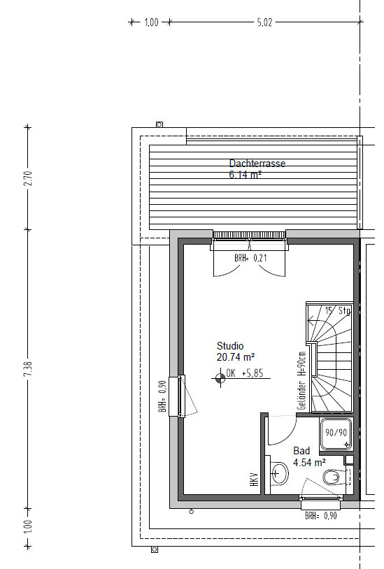 Grundriss eines Studios mit Dachterrasse und Bad; Studio ca. 20,74 m².