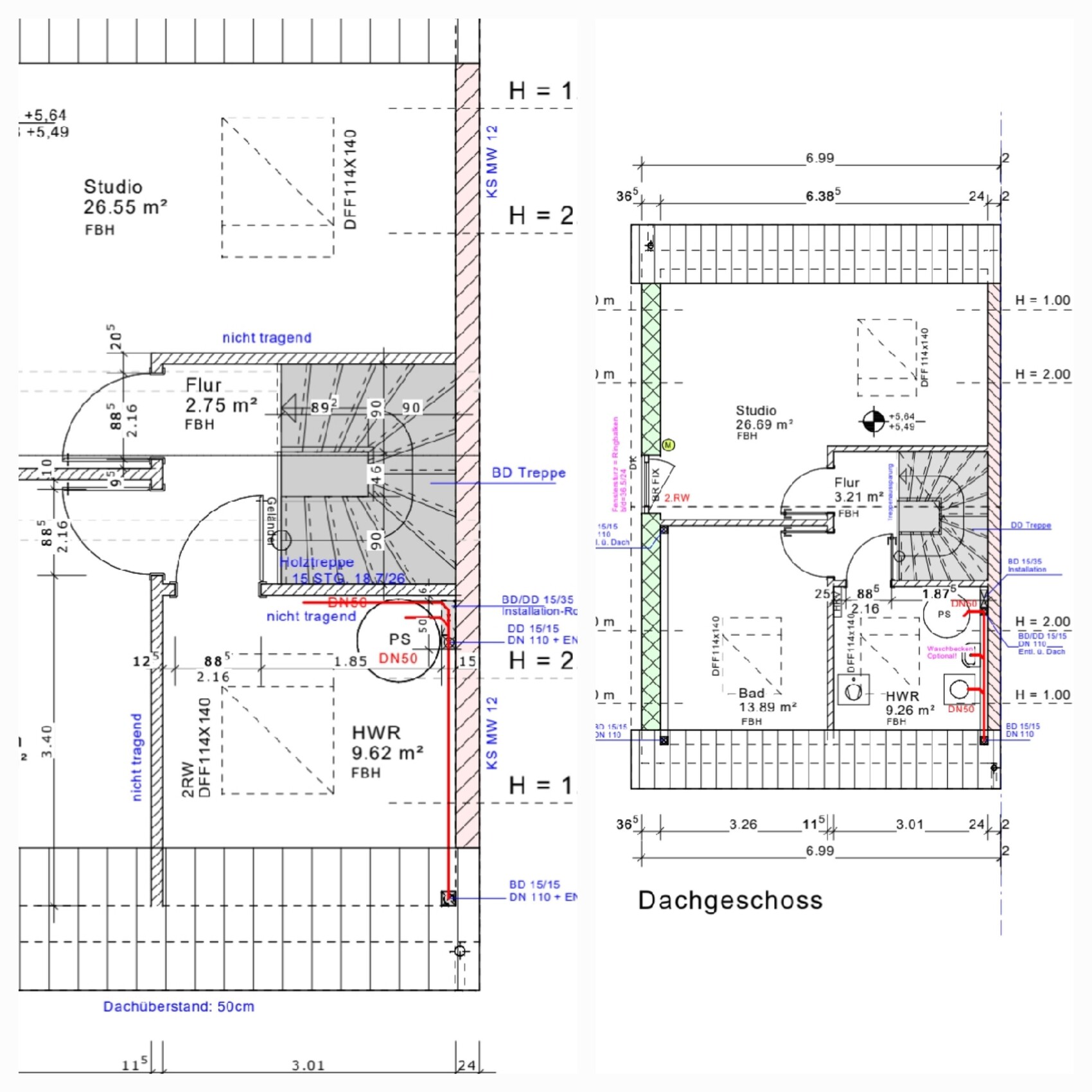 Grundriss Dachgeschoss: zwei Pläne mit Studio, Flur, HWR, Bad, Treppe, Maßangaben.