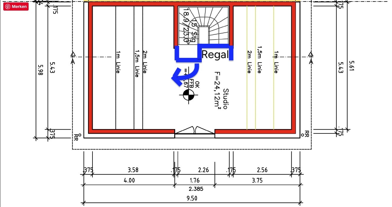 2D-Grundriss eines Studios mit Spiraltreppe, Regal und Arbeitsbereich
