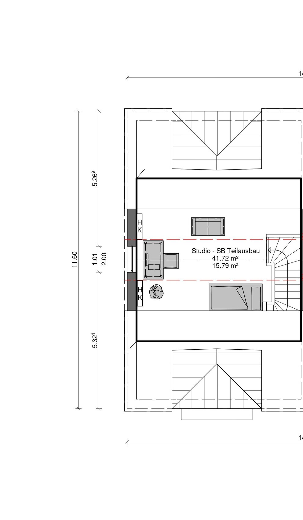 Grundriss eines Studios mit Sofa, Bett, Tisch und Treppenaufgang