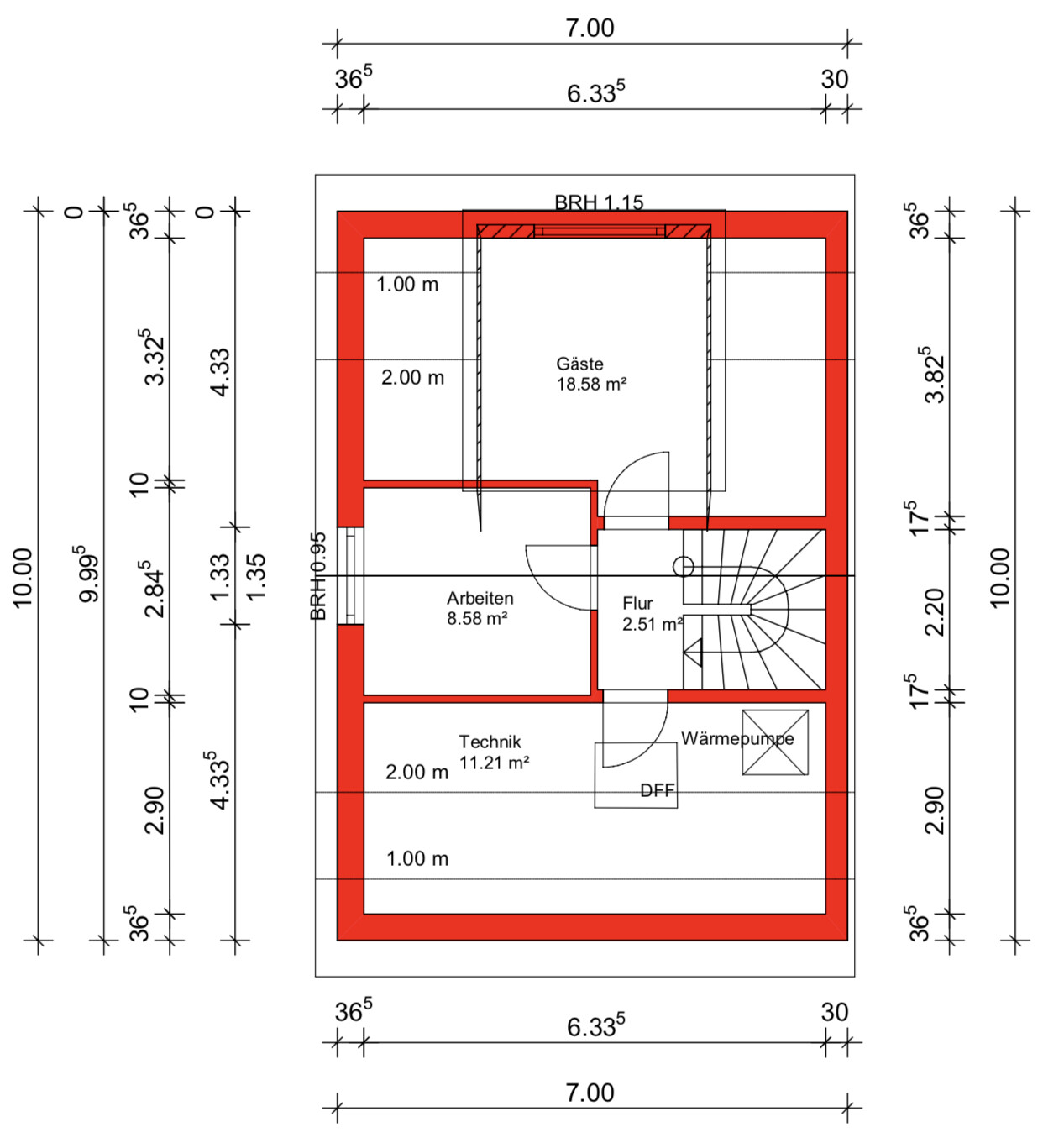 Grundriss eines Stockwerks mit roter Außenwand; Räume: Gäste, Arbeiten, Technik, Flur, Wärmepumpe.
