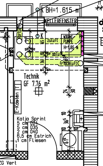 Grundriss Technikraum: 7,76 m2, Wärmepumpe, Zuluft und Frischluftkanäle