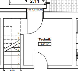 Grundrissplan zeigt Technikraum mit Treppe links und Tür zum Flur im Erdgeschoss