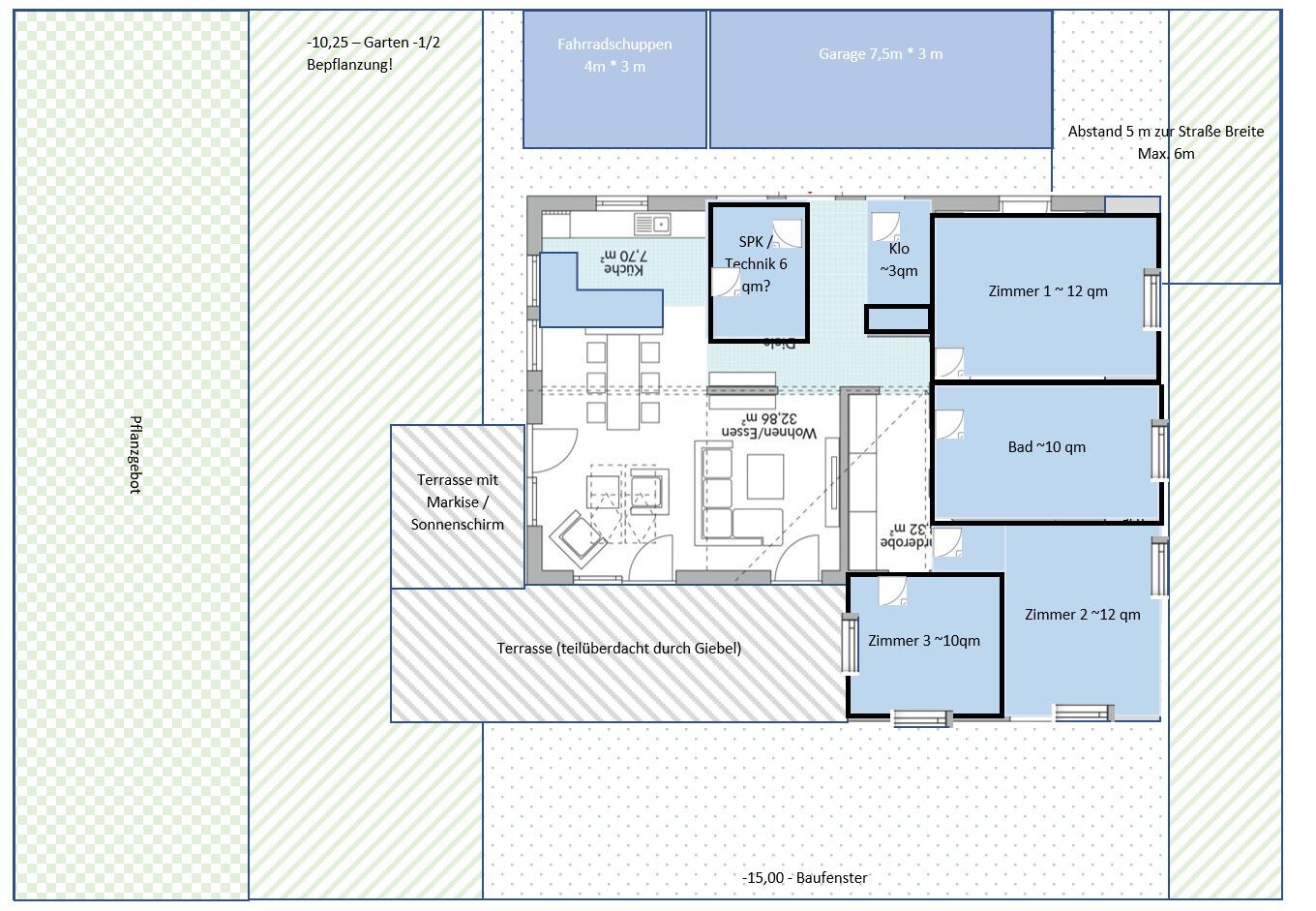 Grundriss eines Hauses mit Terrasse, Garten, Garage, Carport, Wohn-/Essbereich, Bad und Zimmer.